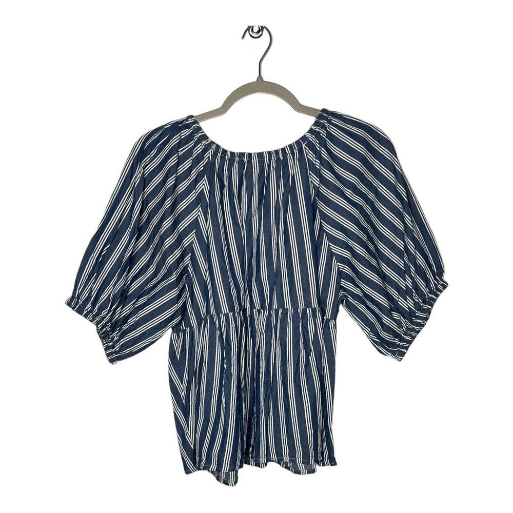 Old Navy‎ Womens Puff Sleeve Swing Top Large Blue Stripes Boho Nautical Cotton